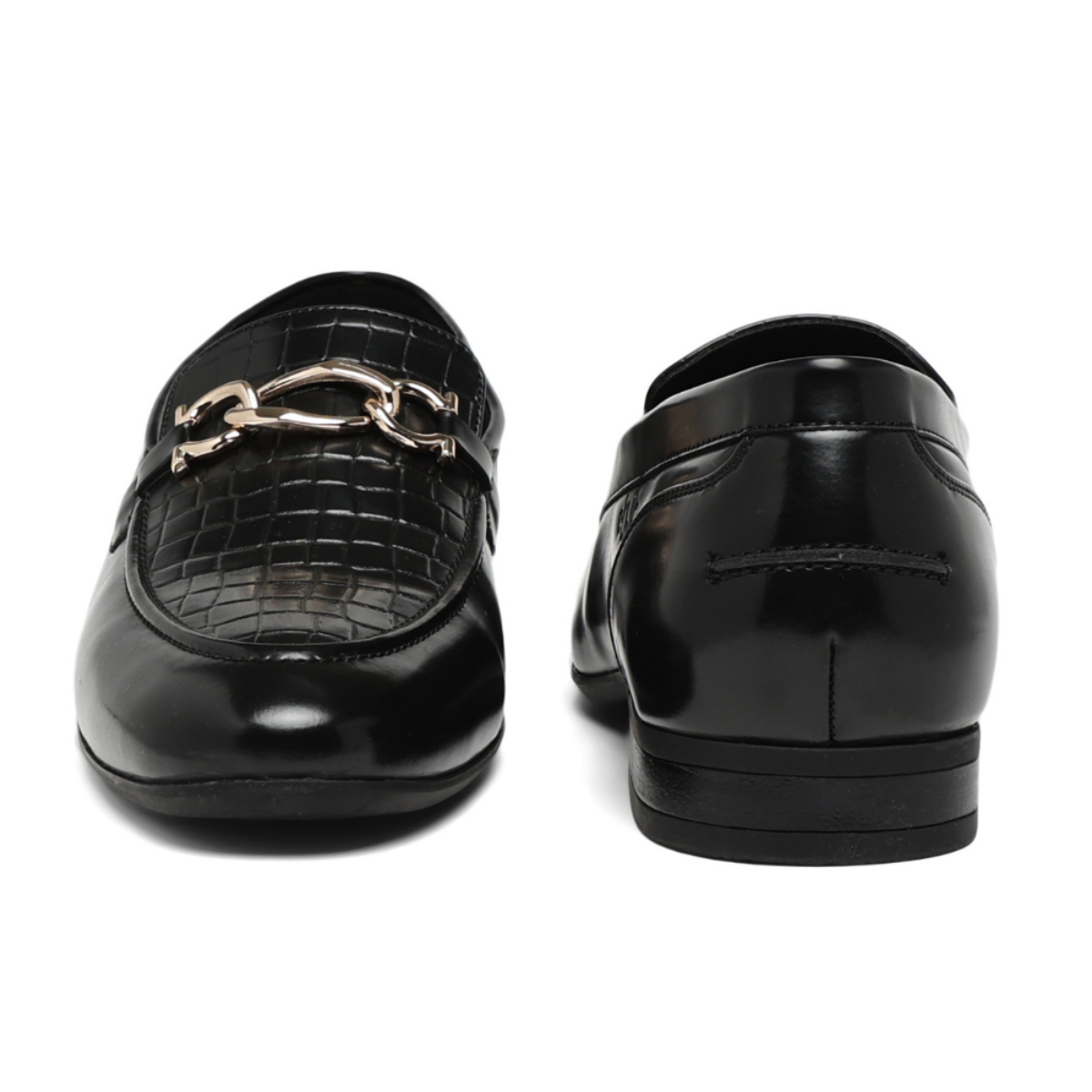 A pair of black leather loafers shown from the front and side angles on a plain white background. The front loafer features a glossy crocodile-embossed texture and a prominent silver-tone chain detail across the vamp.