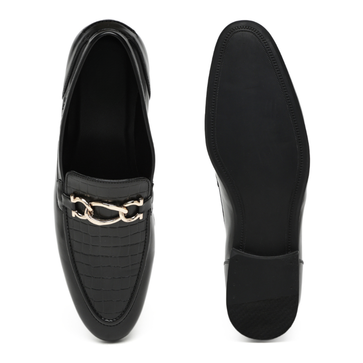 A pair of black leather loafers shown from the top and side views against a white background. The top view shows a glossy finish, a crocodile-embossed texture on the vamp, and a gold-tone chain detail across the instep.