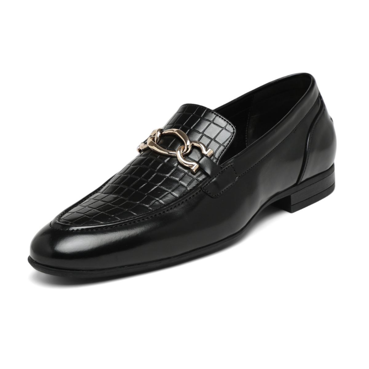 A single black leather loafer with a crocodile-embossed toe cap, smooth side panels, and a polished gold-tone chain-link hardware detail across the vamp, shown on a plain white background.