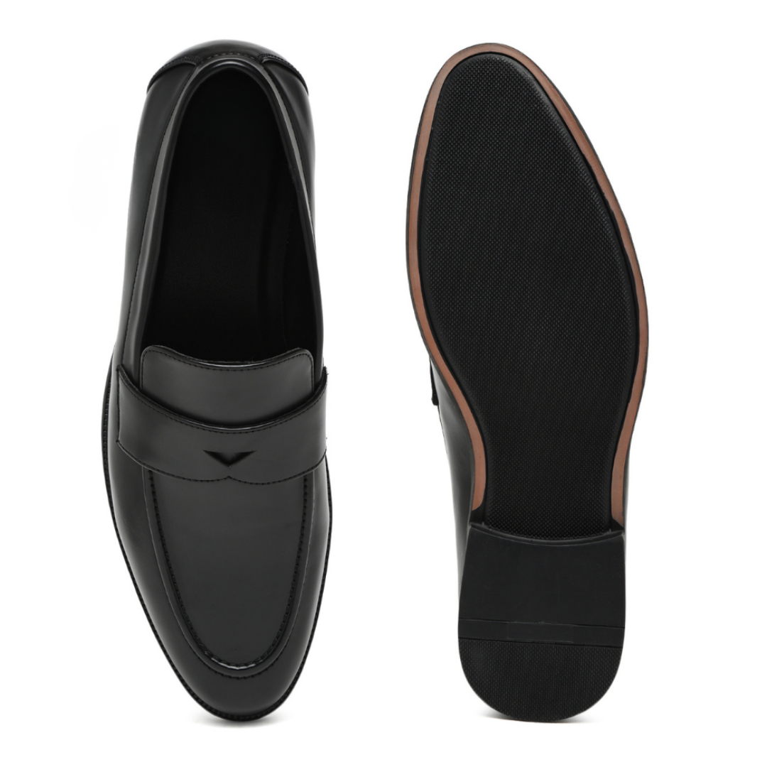 A pair of men's black leather penny loafers shown from the top and bottom views against a plain white background.