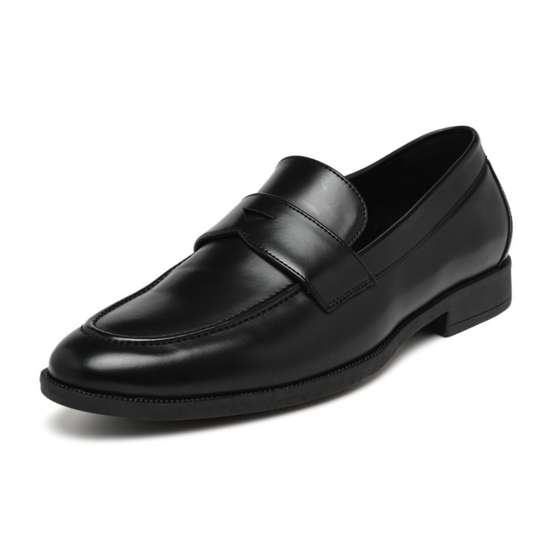 Black leather loafer shoe on a white background
