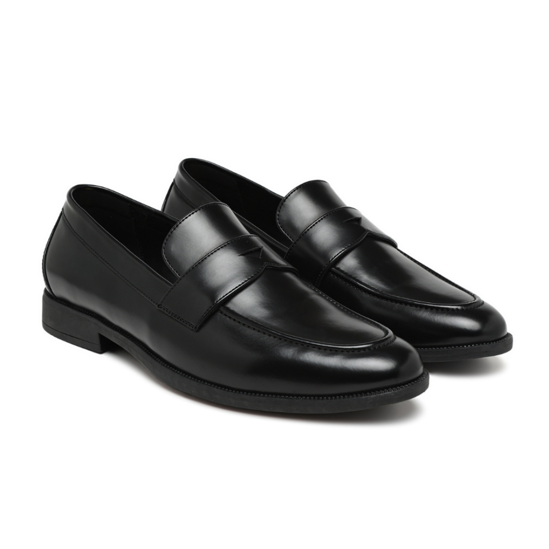 A pair of black leather penny loafers with a smooth finish, displayed on a clean white background.