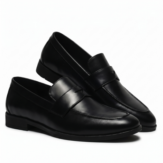 A pair of black leather penny loafers with a smooth finish, displayed on a clean white background.