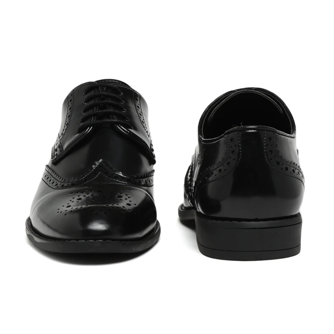 A pair of black patent leather wingtip oxford shoes shown from the front and side angles against a plain white background.