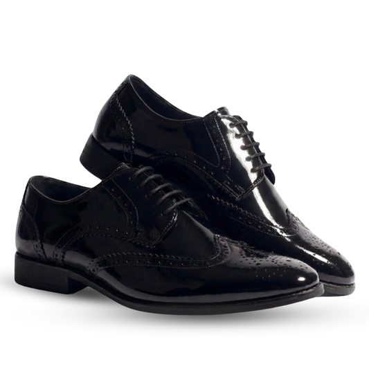 Pair of black dress shoes on a white background
