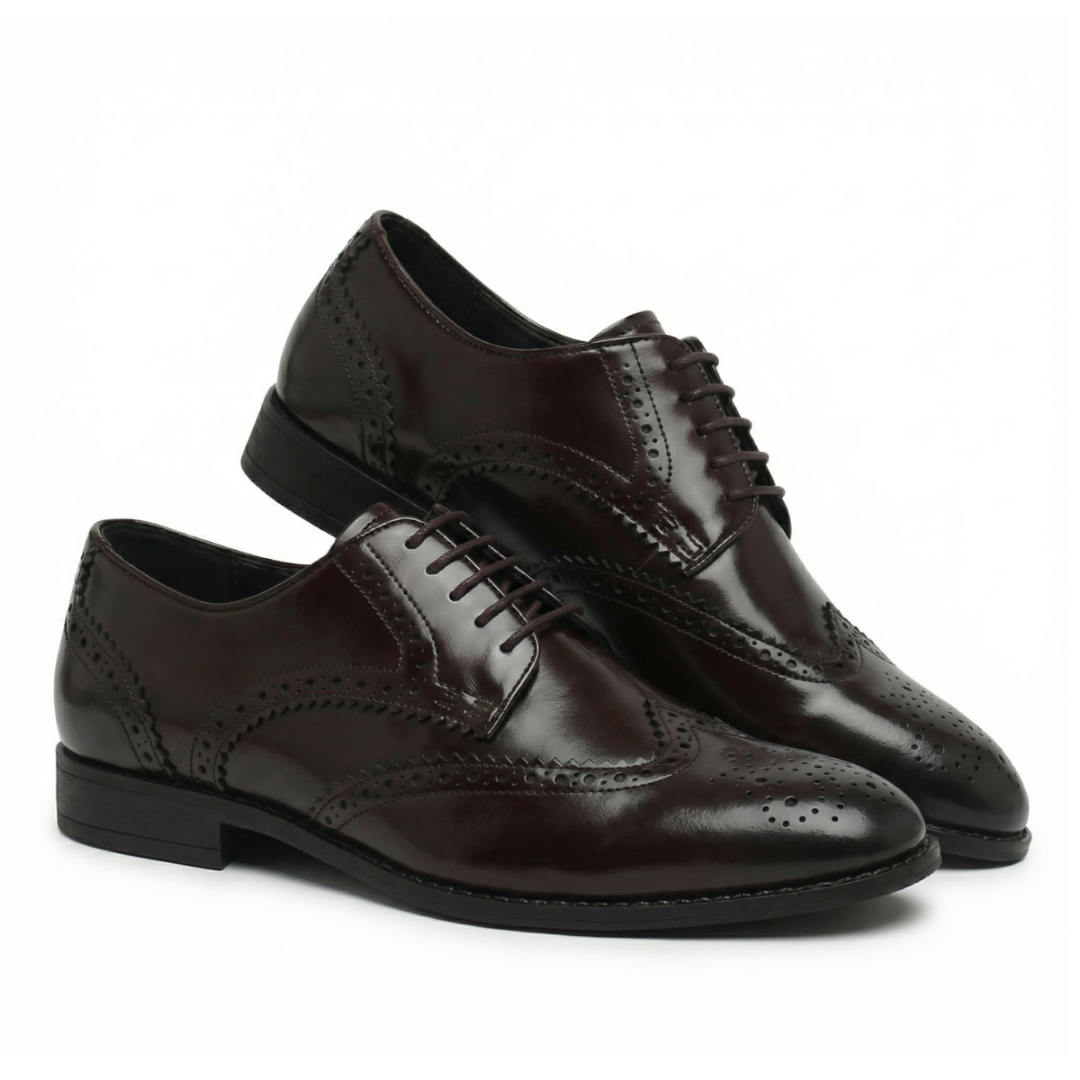 A dark brown leather wingtip oxford shoe with decorative brogue perforations