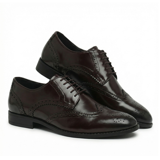 A dark brown leather wingtip oxford shoe with decorative brogue perforations