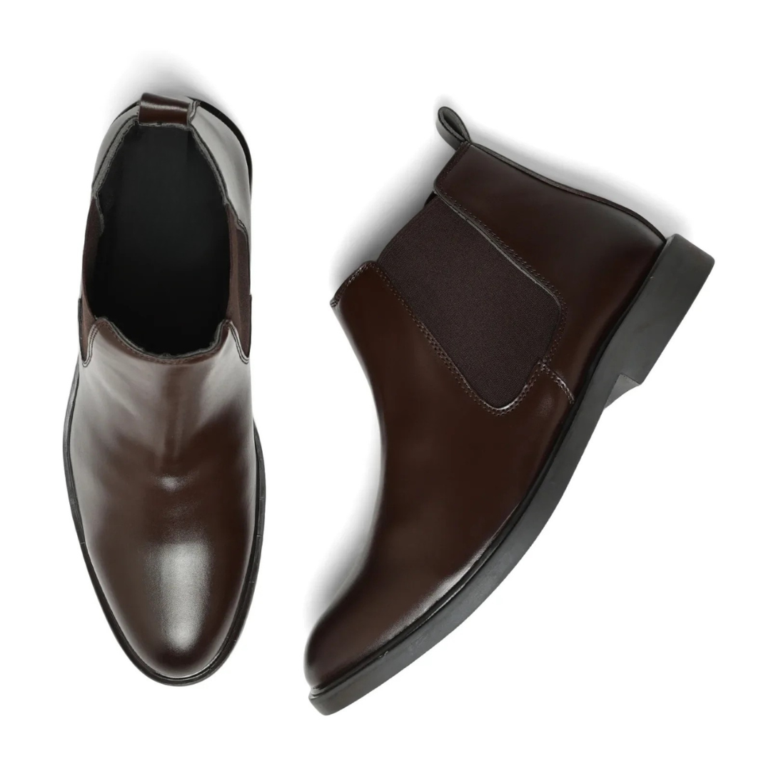 A pair of men's dark brown leather ankle boots shown from two angles: a top-down view on the left and a side profile on the right, set against a plain white background.
