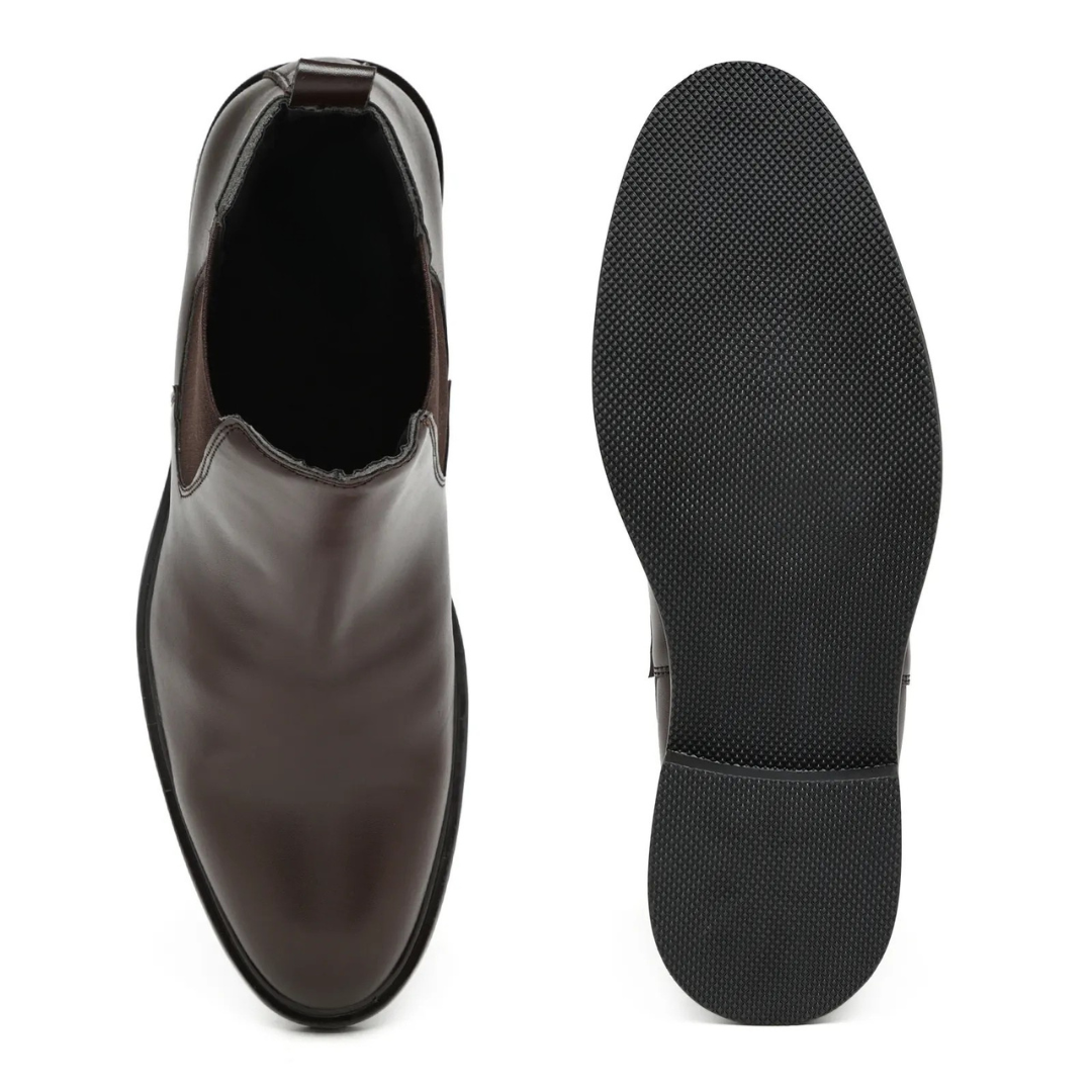 A pair of men's dark brown leather Chelsea boots shown from the top and side, with the textured black outsole visible against a plain white background.
