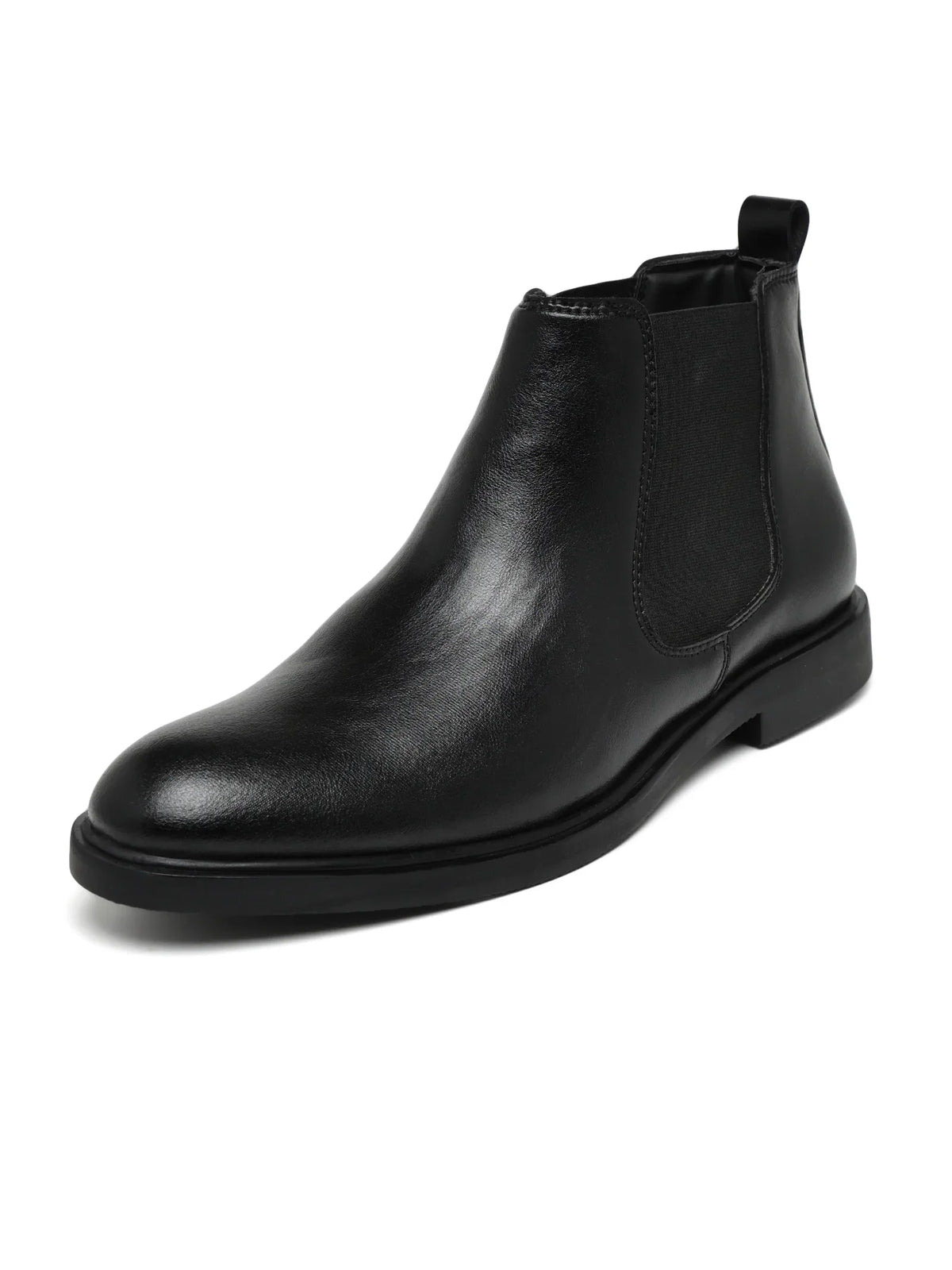 Black leather Chelsea boot on a white background