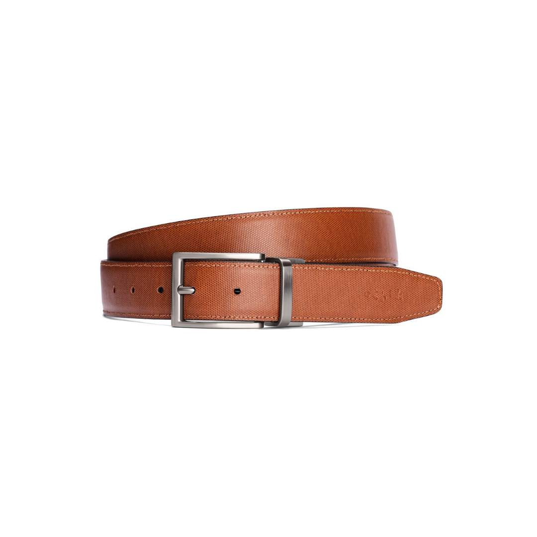 A tan leather belt with a silver-tone metal buckle, neatly coiled and presented on a solid white background.