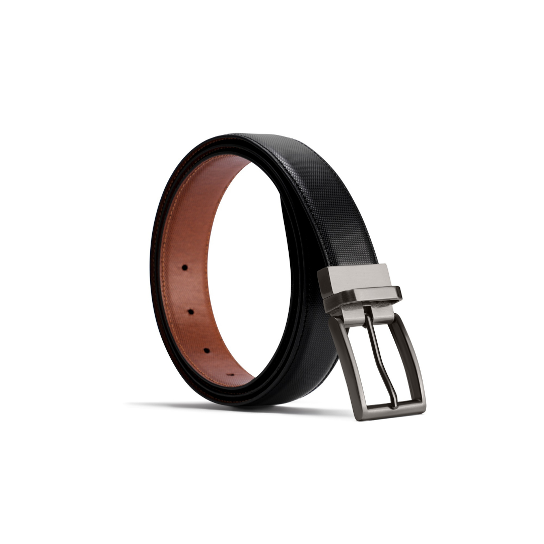 Black leather belt with a silver buckle on a white background