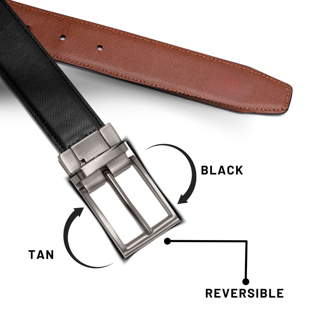 Reversible belt with black and tan options on a white background