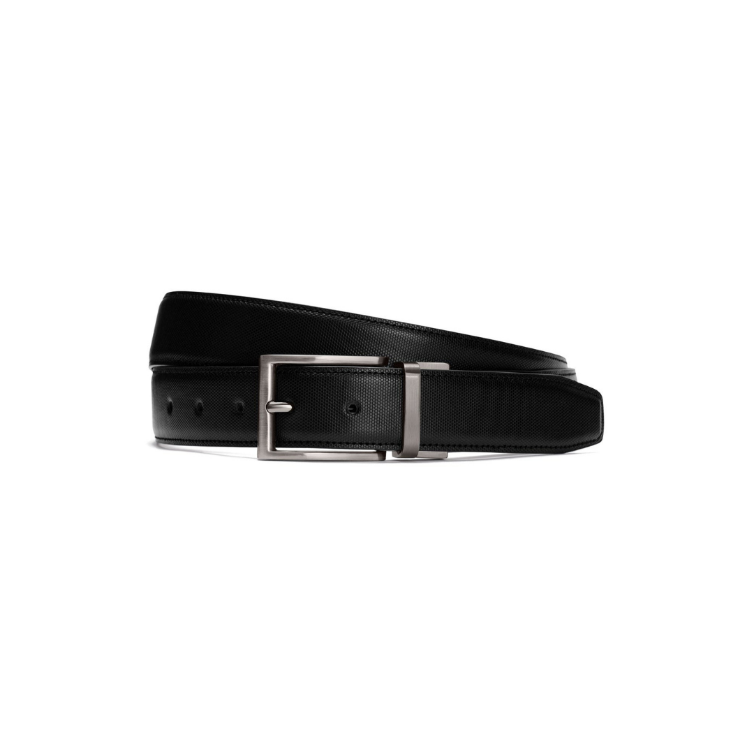 A black leather belt with a silver-tone metal buckle, neatly coiled on a solid white background.