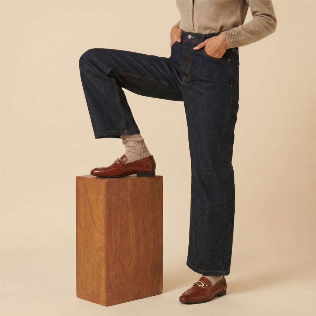 A person wearing dark blue denim jeans, a beige knit top, beige socks, and brown leather loafers stands on a wooden block against a warm beige studio background.